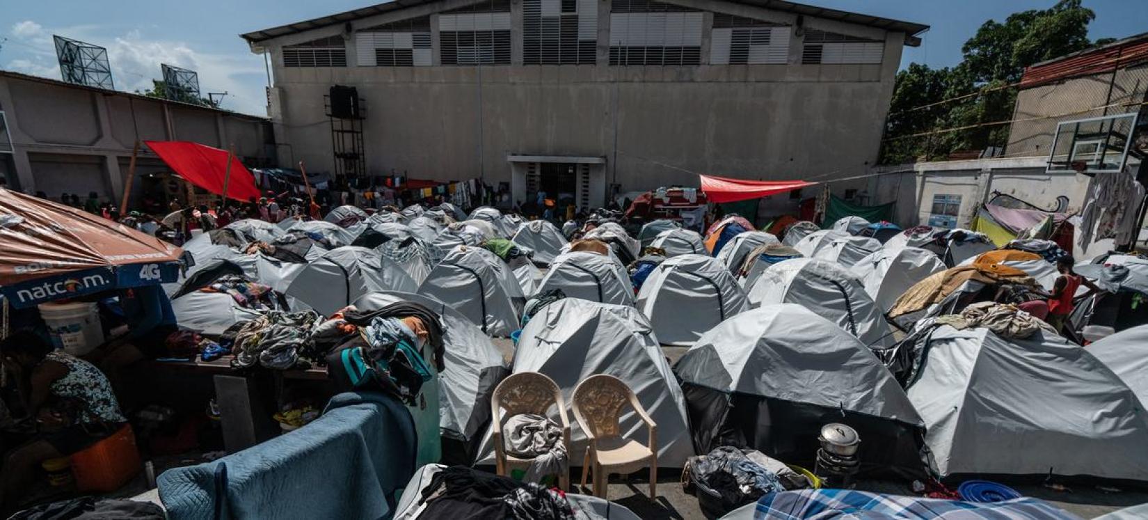 Tents for people who have fled their homes now occupy Gymnasium Vincent, a school and sports complex in downtown Port-au-Prince.