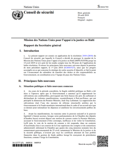 Mission des Nations Unies pour l’appui à la justice en Haïti Rapport du Secrétaire général